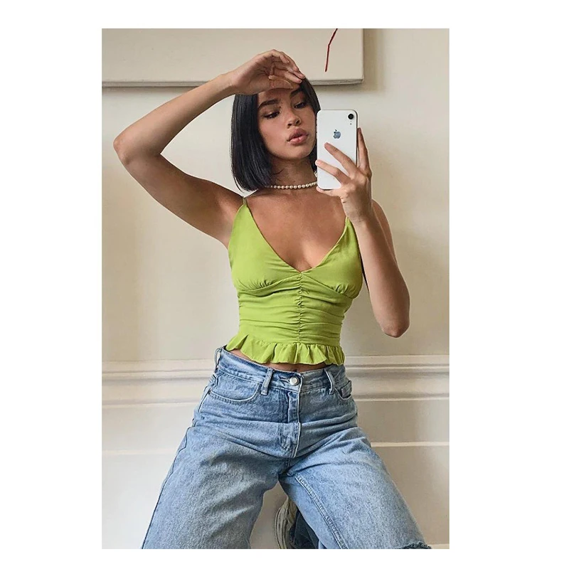 

ZELI 2022 Solid Summer Suspender V-neck Lace T-Shirt Top Y2k Women's Clothes Crop Top Sexy Strap Backless Ruched Tanks Tops