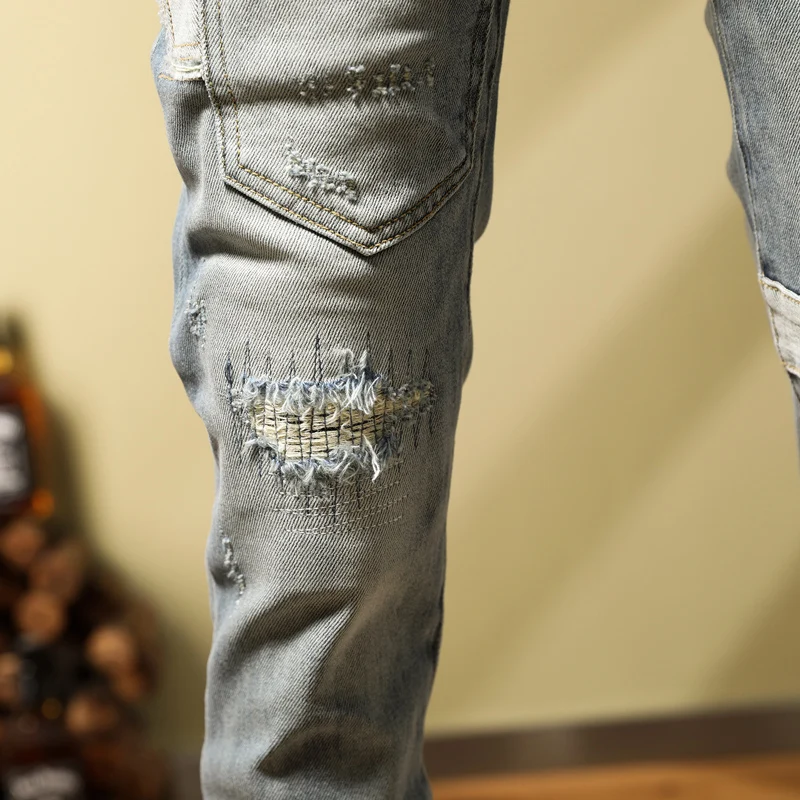 Street Fashion Men Jeans Retro Light Blue Elastic Stretch Skinny Ripped Jeans Men Spliced Designer Patched Hip Hop Pants Hombre