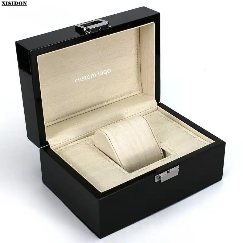 

Customizable Logo Band Watch Case with Beige PU Leather Lining Smooth Lacquer Surface Watch Boxes and Packaging Display Buckle