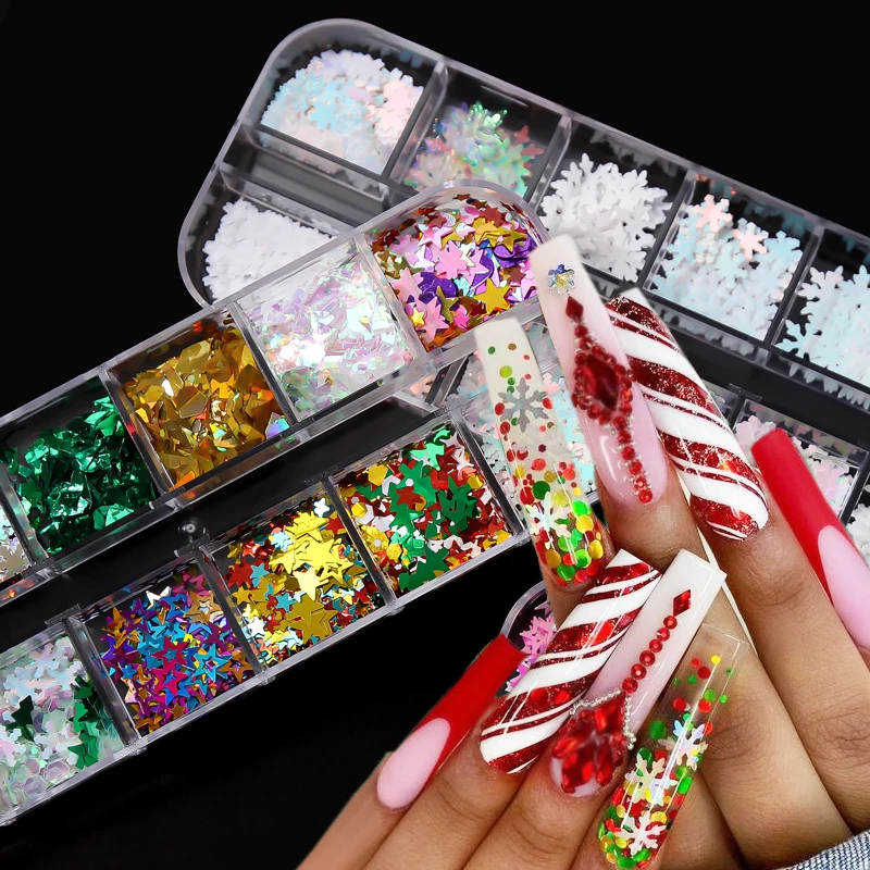 

12 Grids Reflective Snowflake Nail Sequins Laser Mirror Slices Glitter Nail Art Decoration 3D Winter Christmas Nail Art Sequins