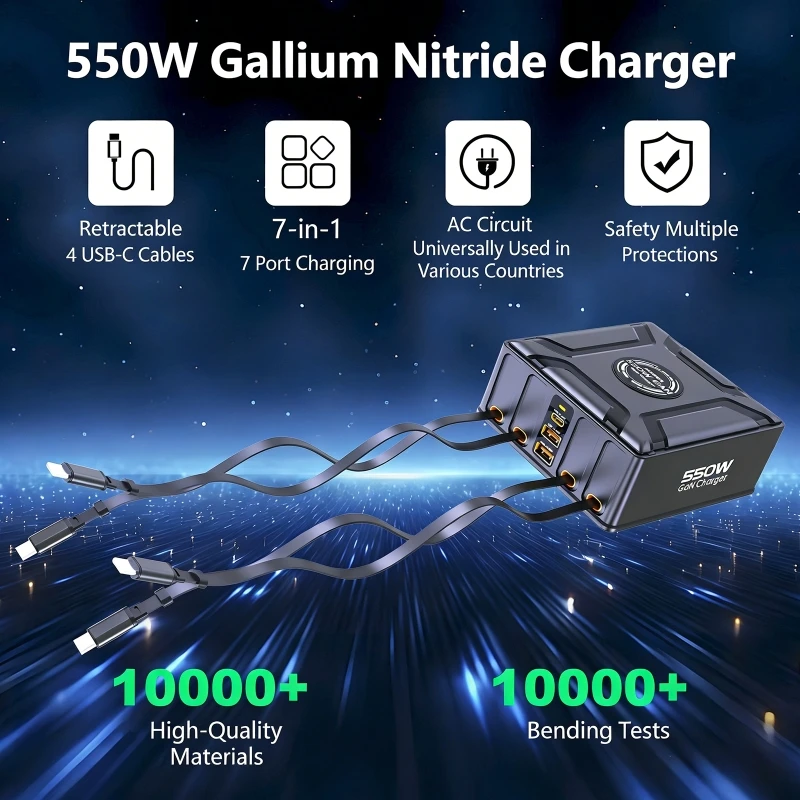 Зарядная станция GaN 550 Вт 7-в-1 с выдвижным кабелем USB-C 100 Вт для MacBook Pro, iPhone 17, ноутбуков и планшетов Samsung (art.: 3920da0e075ac) - 3920da0e075ac