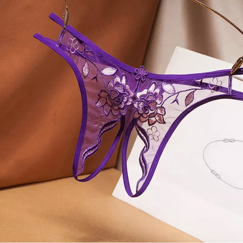 

Women's briefs sexy French embroidery sexy mesh hollow out free off thong low waist transparent t pants