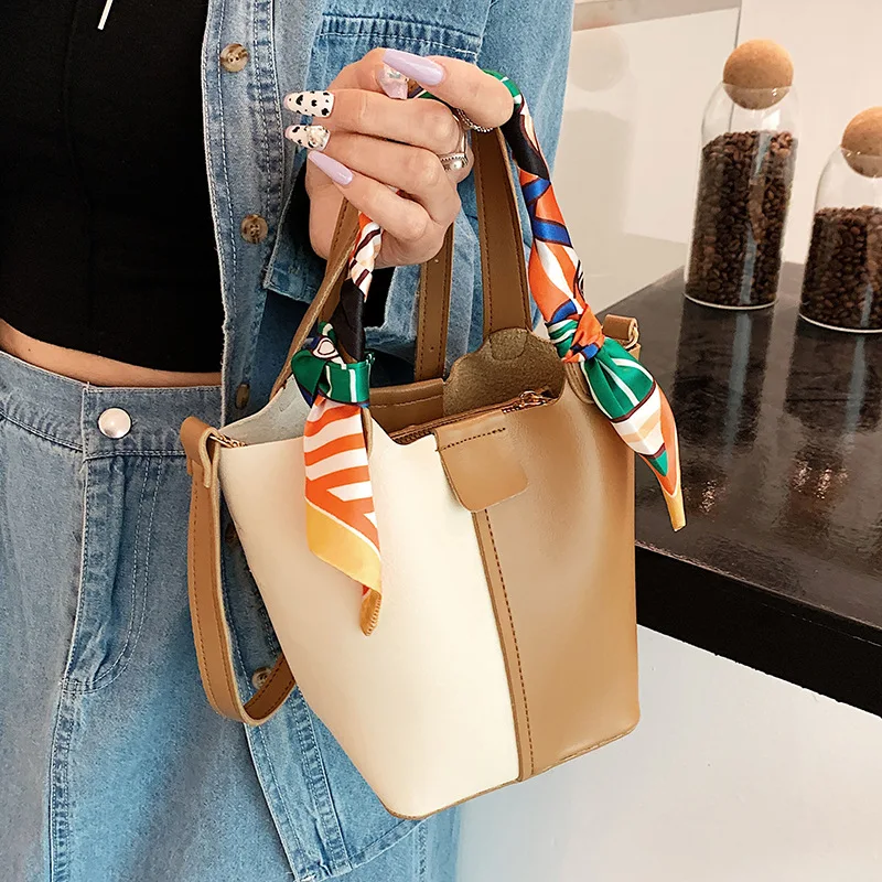 

High Quality Contrast Color Leather Tote Bag For Women 2022 Ladies Bucket Vintage Handbag Luxury Designer Bag Women Handbags Sac