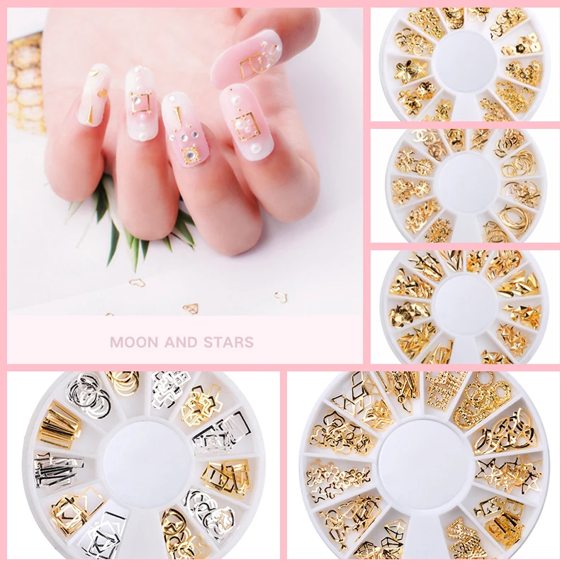 

1Box Metal Rivet Nail Art Decoration Studs Mix Style Stars Moon Metal Nail Parts Gold/Silver DIY 3D Nail Rhinestone Accessories