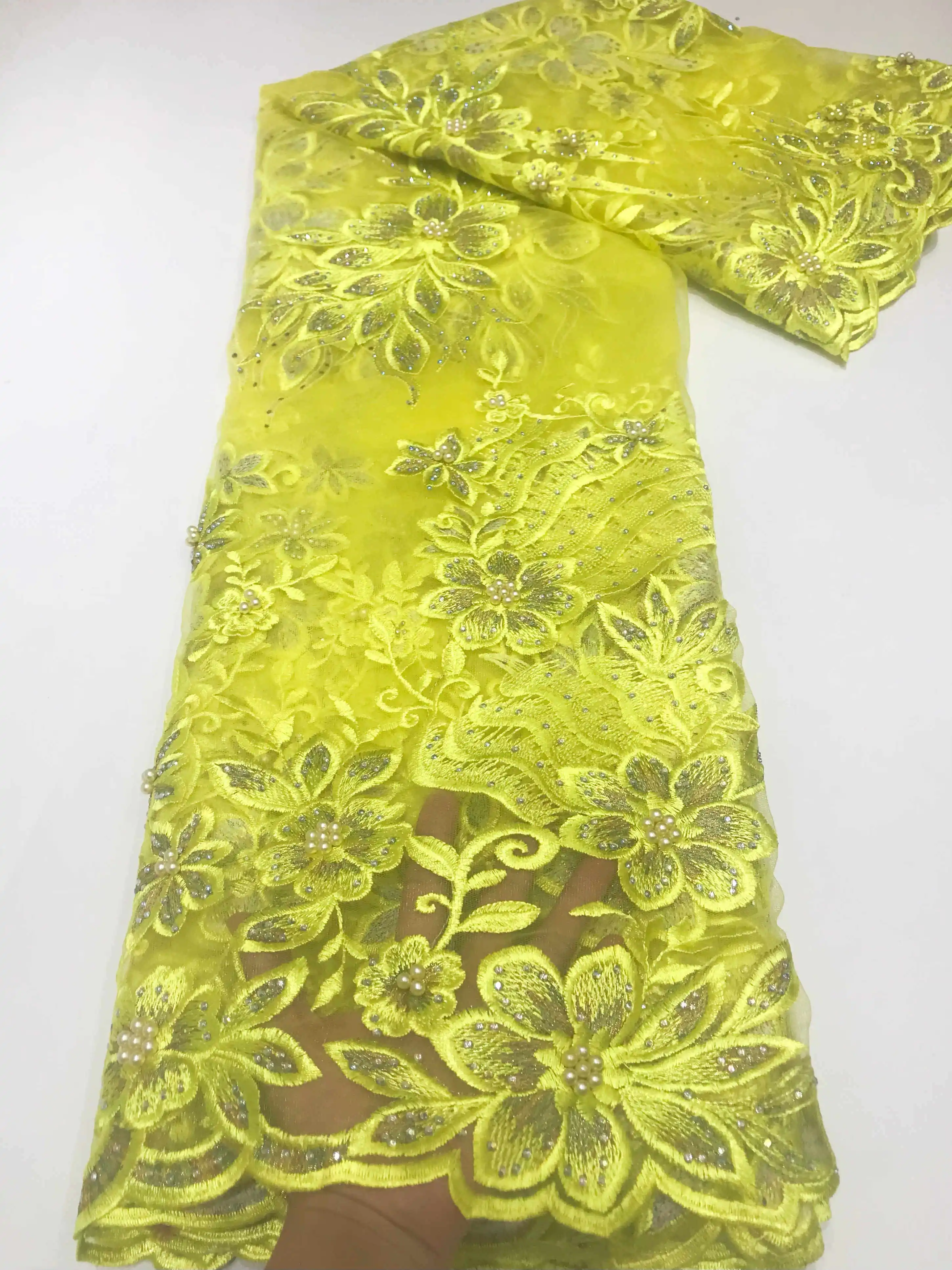 

2022 Sewing African Nigeria Lace Fabric Gorgeous Net Lace with Glam Stone and Beads for Wedding Dress Best Quality BJLN18