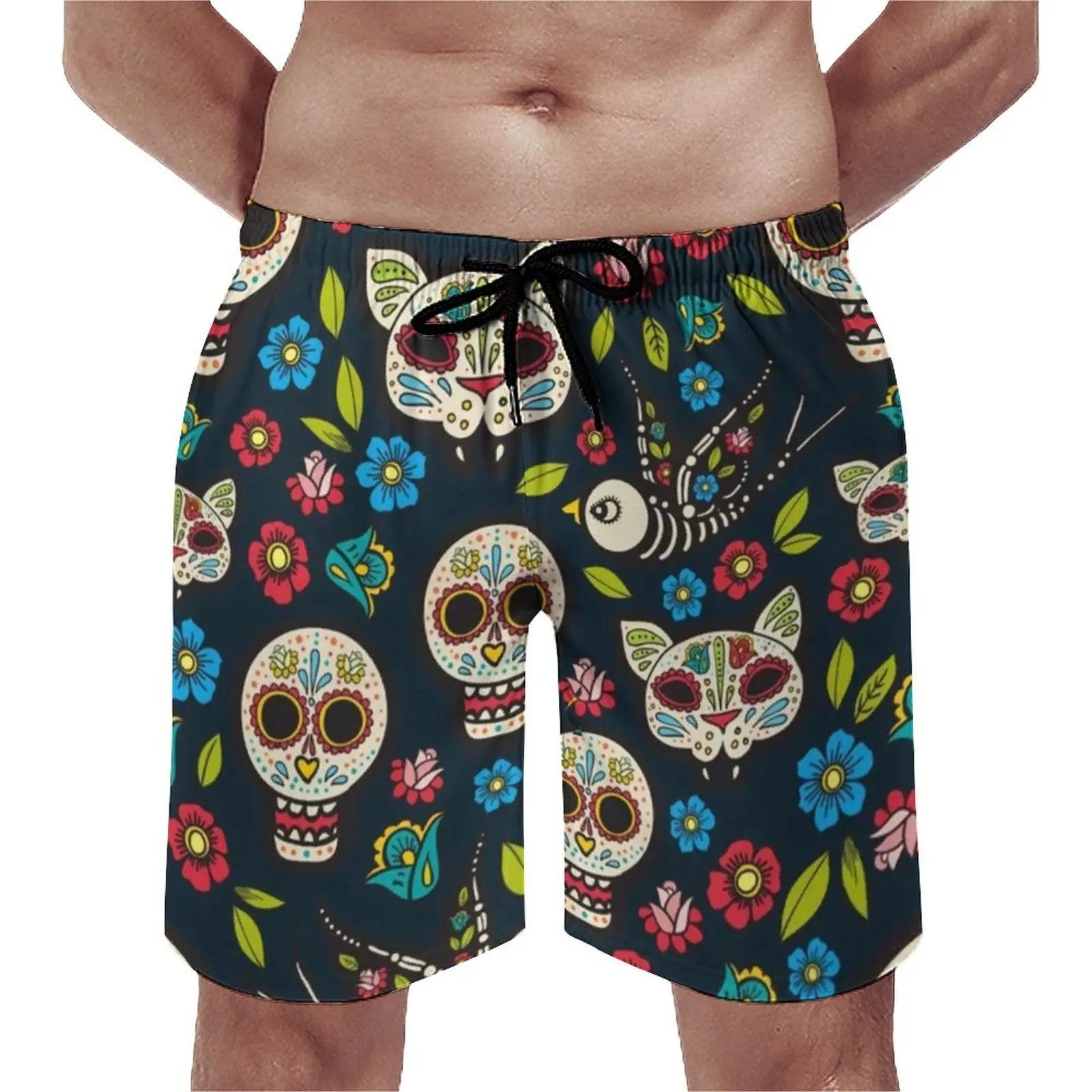 

Vintage Skeleton Gym Shorts Summer Holiday in Mexico Floral Print Vintage Beach Shorts Men Sports Surf Fast Dry Swimming Trunks