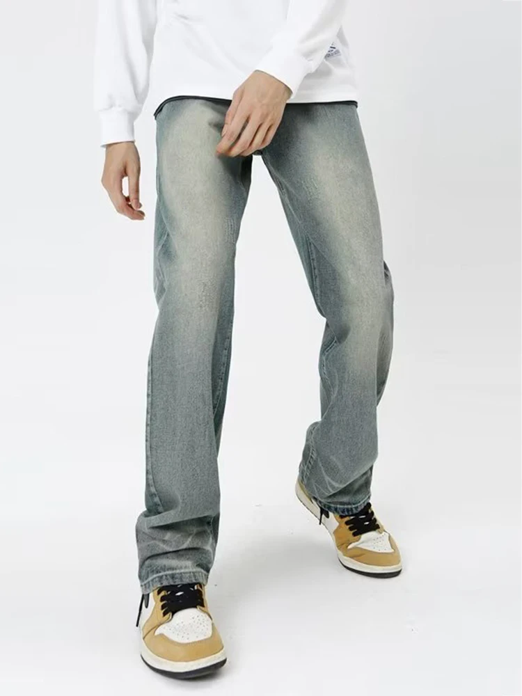 Four Seasons Men Jeans Antique Jeans Beard Effect Washed Straight Tube Denim Jeans Motorcycle Jeans Street Costume Ins Hot Sale