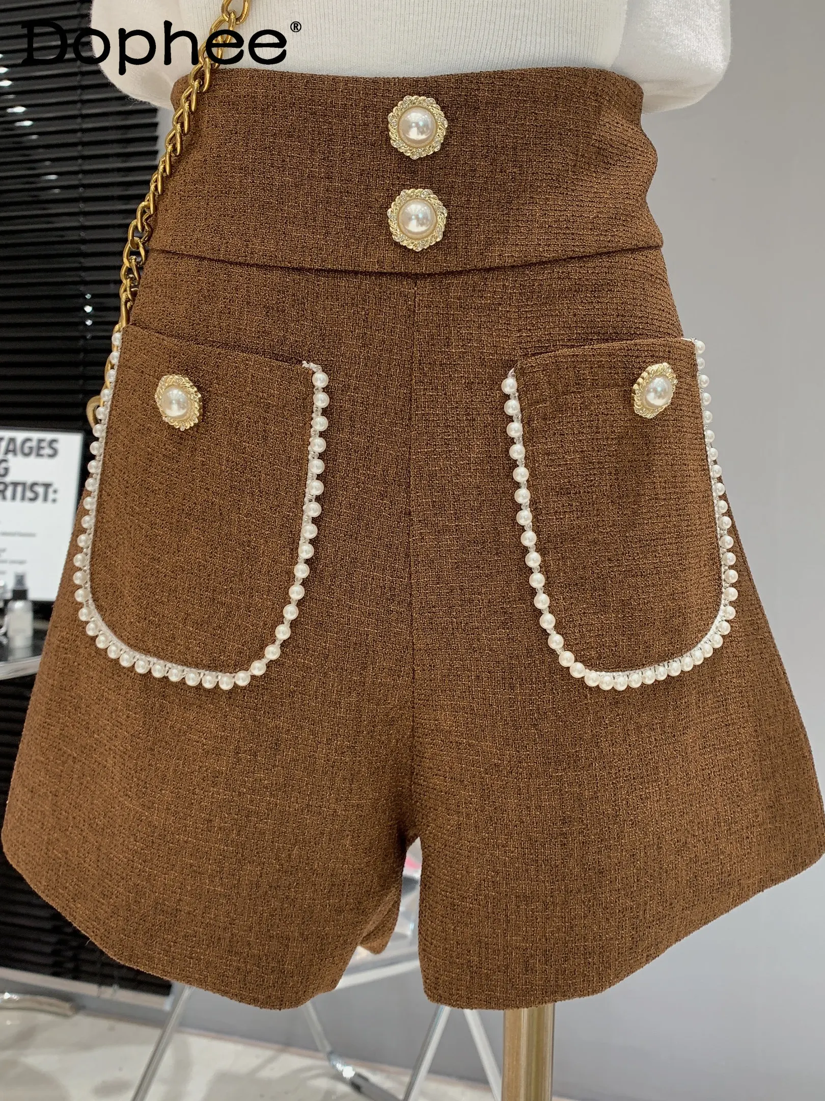 

2022 Autumn and Winter New Loose Casual Wide-Leg Shorts Women Heavy Industry Beads Design High Waist Slimming Tweed Shorts Pants
