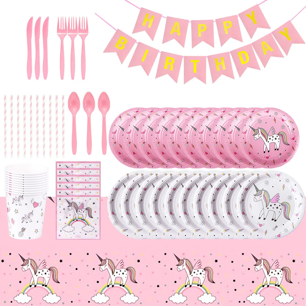 

Disney Rainbow Unicorn Pink Theme Happy Birthday Party Supplie Disposable Napkin Banner Tableware Set Baby Shower Girl Kid Gift