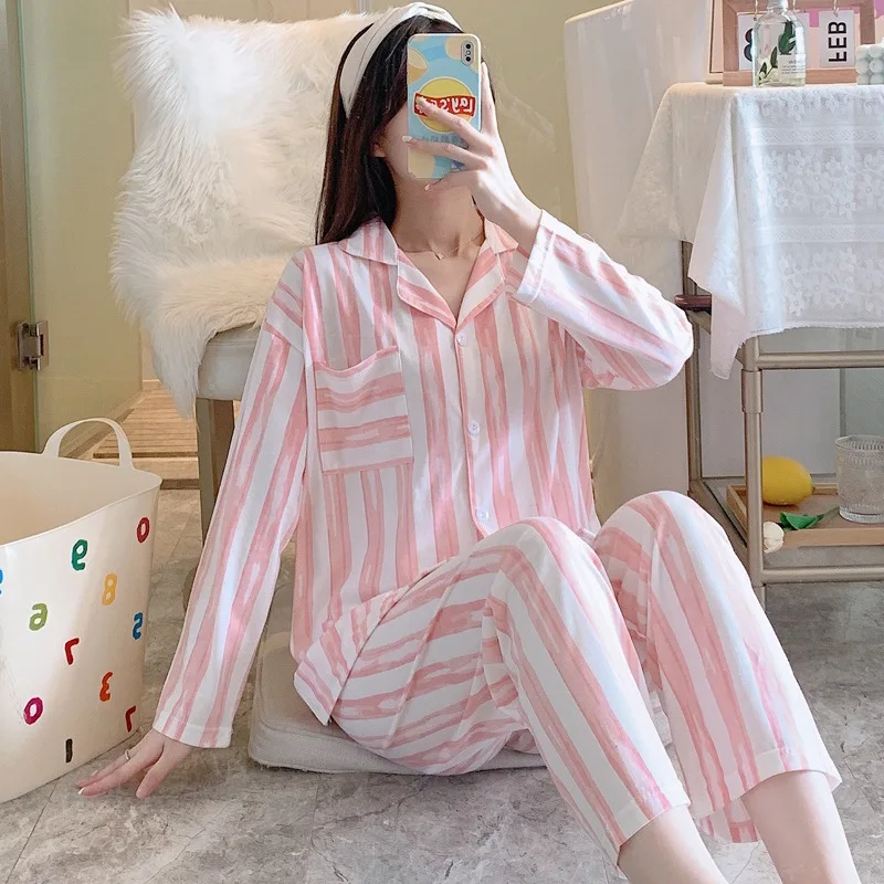 Cotton Pajamas Women's Summer Long-sleeved Cardigan Women's Thin Section Sweet and Cute Pajamas Girls Casual Loose Home Clothes