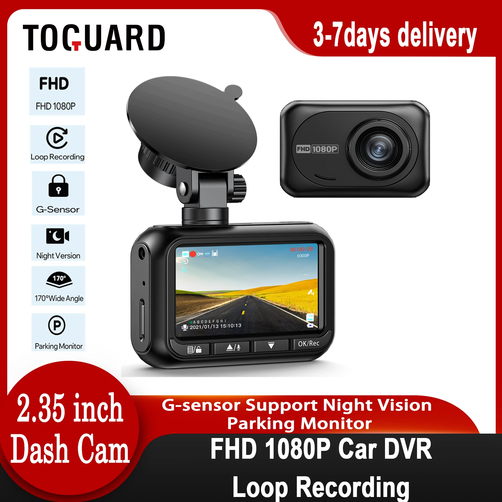 

TOGUARD DashCam for Car FHD 1080P Record Camera Loop Recording 170° Wide Angle G-sensor Support Night Vision Parking Monitor