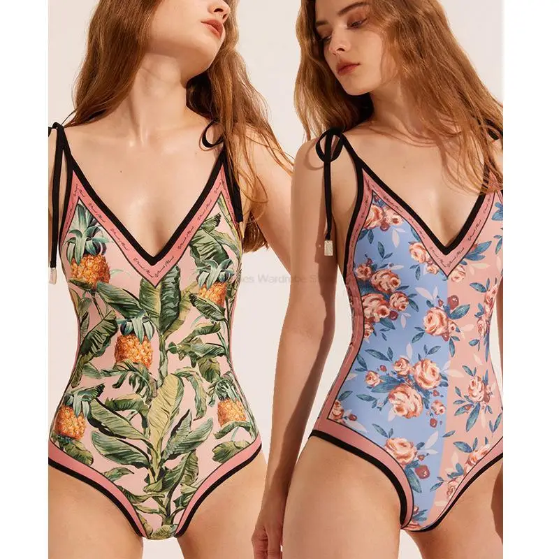 

New French Style Floral Swimsuit Women Reversible Wear One Piece Deep Sexy Slim Swimming Wear Hot Spring Summer Beach Wear Hot
