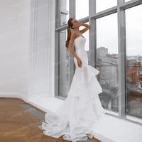 layer tulle modest wedding dress strapless glitter mermaid bridal gown for woman sleeveless custom beading lace zipper back 2022
