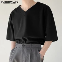 incerun tops 2022 korean style handsome new mens solid comfortable camiseta v neck loose all match short sleeved t shirts s 3xl