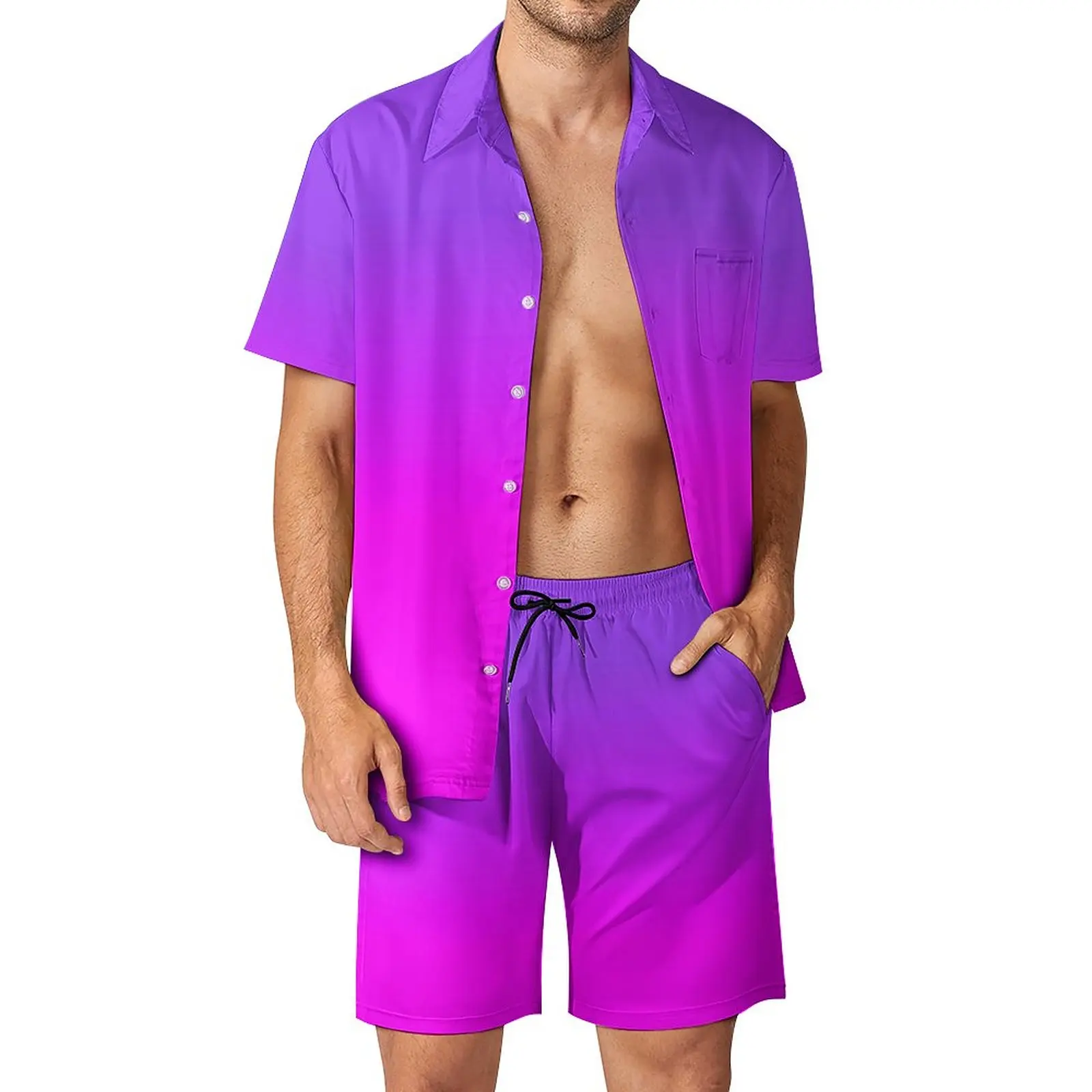 

Ombre Print Men Sets Neon Purple and Pink Casual Shirt Set Fashion Fitness Outdoor Shorts Graphic Suit Two-piece Tops Plus Size