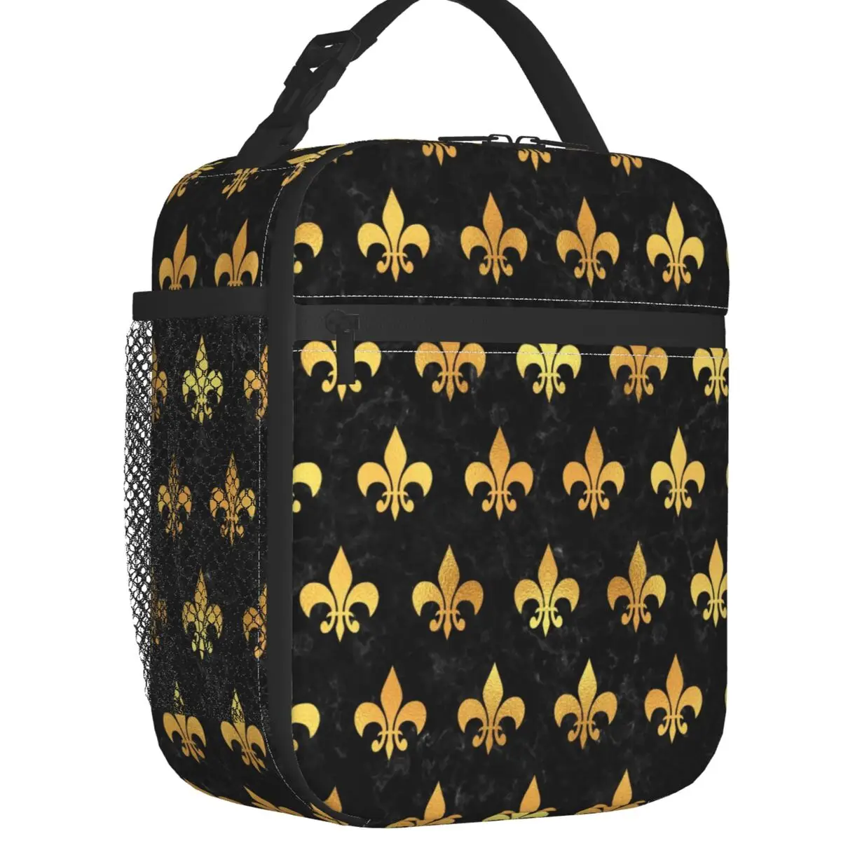 

Royal Gold Black Marble Fleur De Lis Insulated Lunch Bag Waterproof Lily Floral Thermal Cooler Bento Box Kids School Children