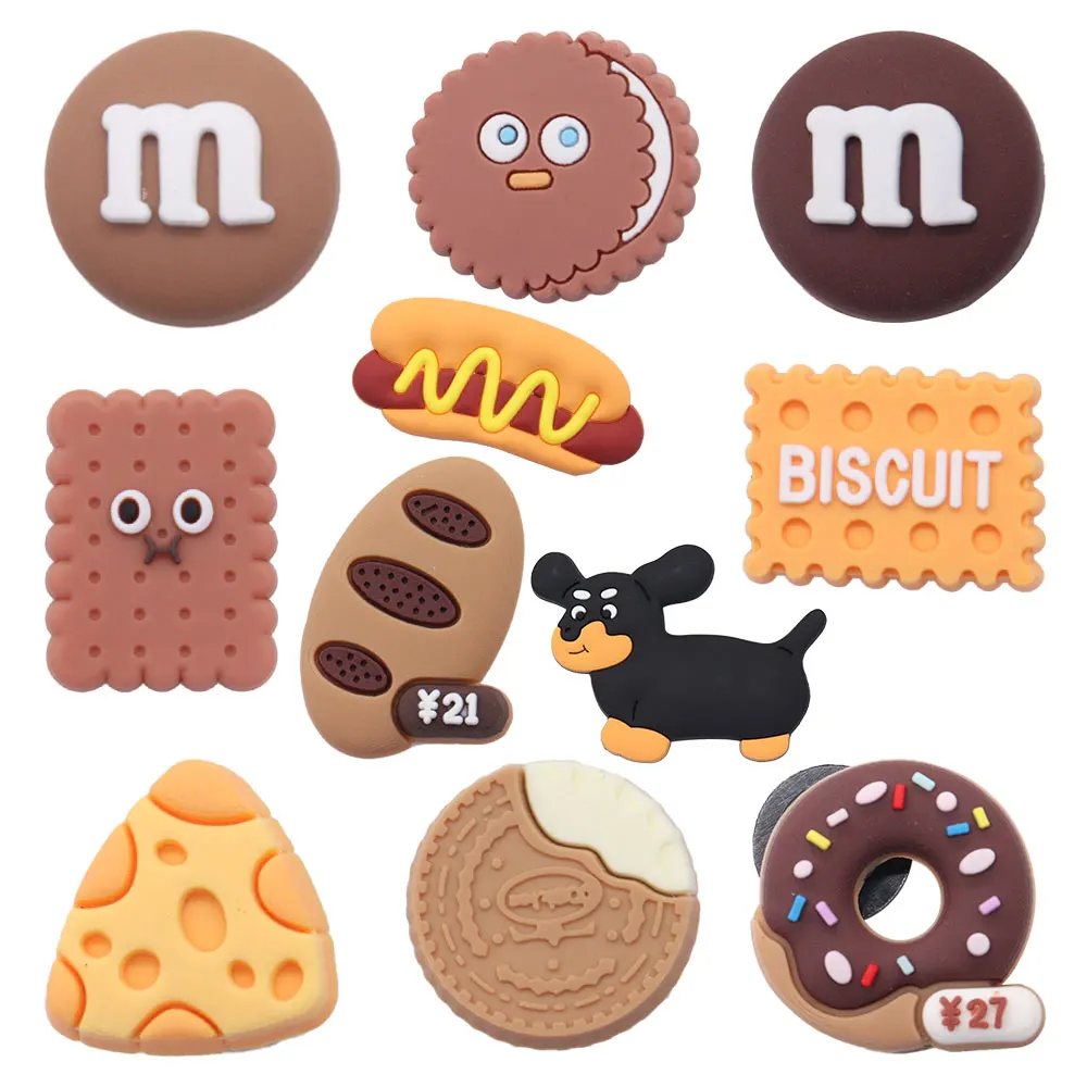 

1PCS Cartoon Food Biscuit Hot Dog Donut Bread Chocolate Cheese PVC Croc Jibz Charms Wristbands Garden Shoes Button Decorations