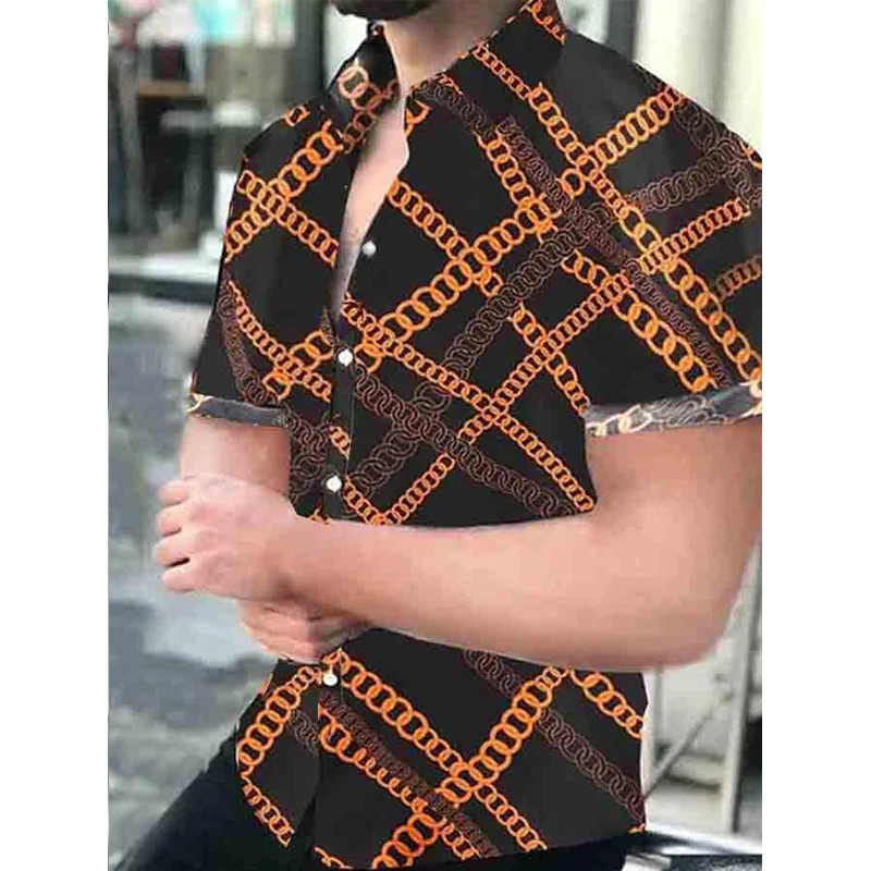 

Stylish Summer Men Shirts Hawaii Buttons Shirt Casual Chain Print Beach Short Sleeve Tops Blouses Men's Clothing Party Cardigan