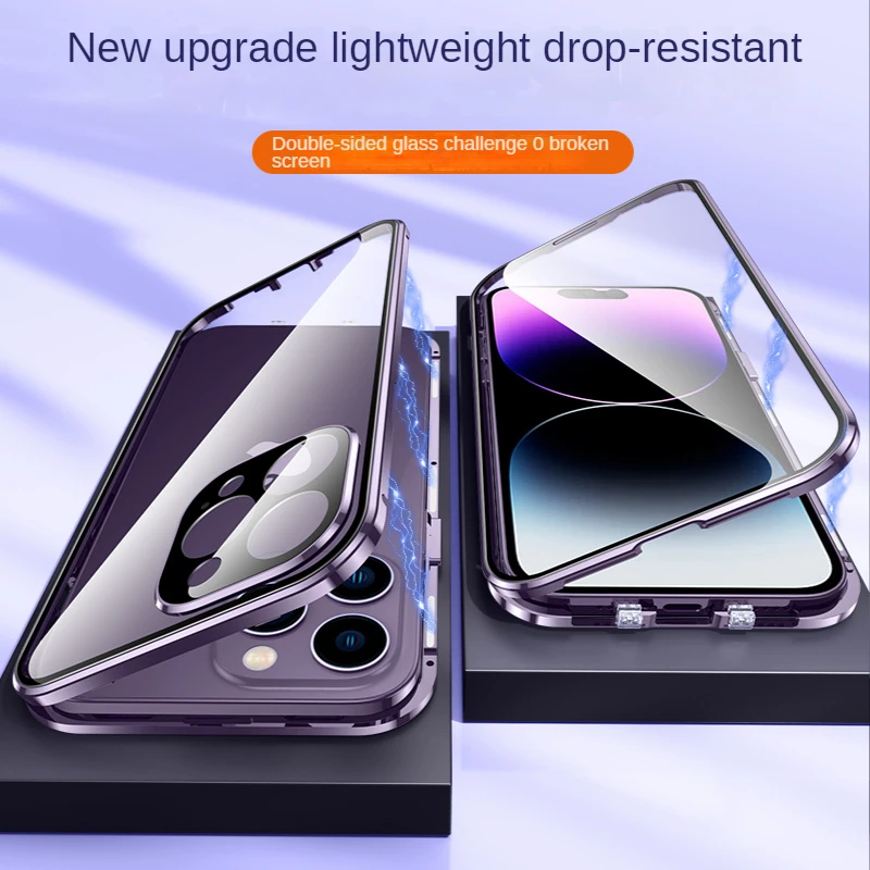 New Metal Snap Case For iPhone 14 Pro MAX Case.New360° Full Protection Magnetic Adsorption Glass Phone case