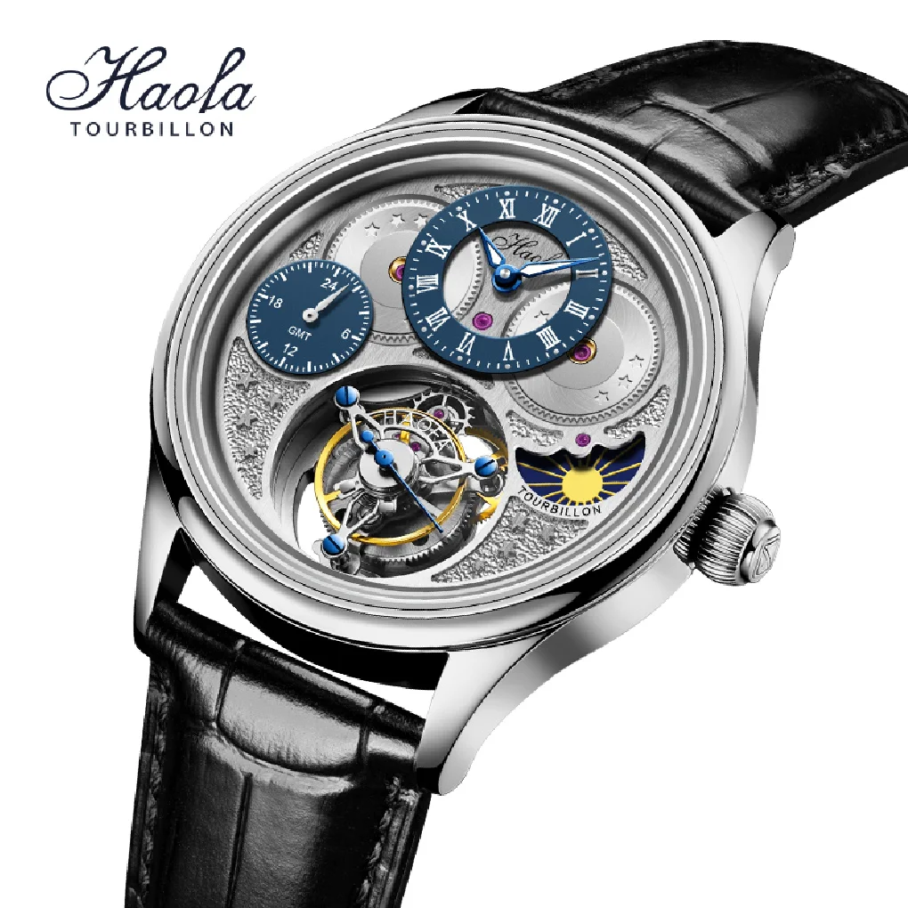 

Haofa Luxury GMT Mechanical Tourbillon Men Watch Sapphire Flying Man Manual Tourbillon Watch For Men Day And Night Waterproof