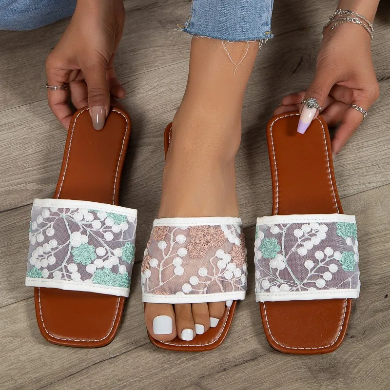 Women's Sandals Boho Style Colorblock Embroidered Casual Simple Flat Sandals Slipper for Women Indoor Outdoor Sandals for Women