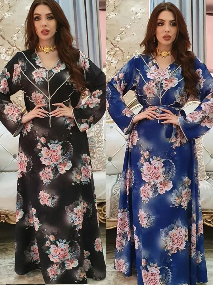 

Eid Abayas Women Muslim Dress Floral Morocco Party Dresses V Neck Print Kaftan Elegant Maxi Vestidos Dubai Turkey Arabic Robe