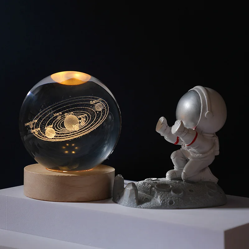 

3D Crystal Astronaut Night Light Planet Globe Laser Engraved Solar System Ball with Touch Switch LED Light Base Astronomy Gift