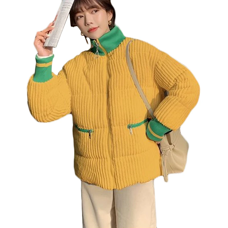 Winter Warm Corduroy Cotton Clothing Coat Women KoreanFashion Loose Casual Zipper Jacket Female Solid Thick Stand Collar Outwear