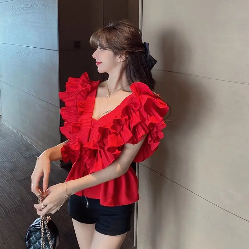 

Tree Fungus Ruffles Red Blouse Women Lady Girl V Back V Neck Designer Hotsweet Shirts Summer Spring Beach Holiday Tops Princess
