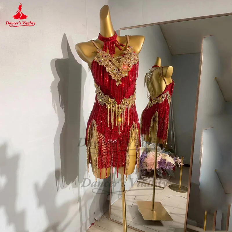 

Latin Dnace Dress Women High-End Custom Senior AB Stones Rumba Chacha Tango Performance Skirt Children Female Latin Dresses