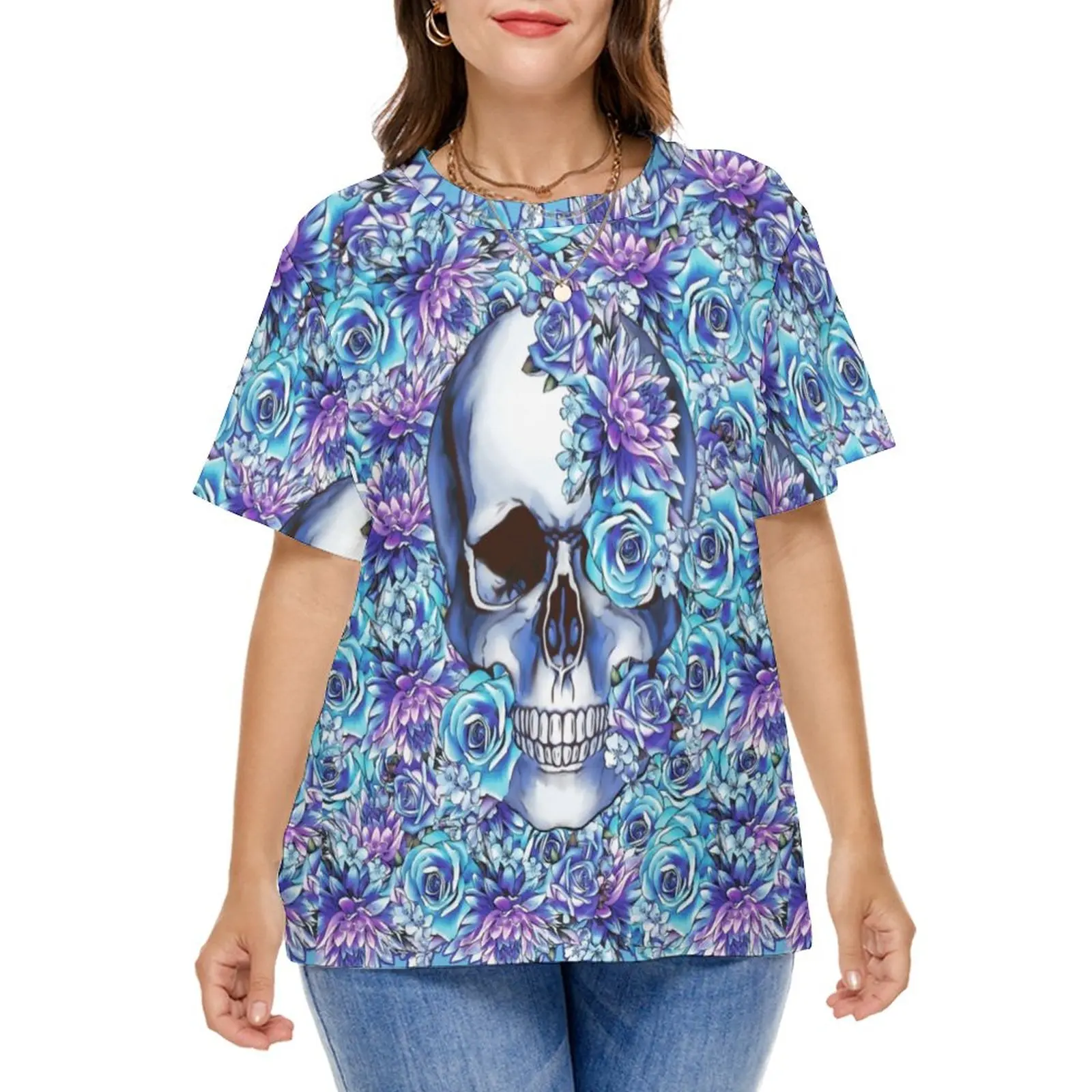 Skeleton Print T-Shirt Sugar Skull Blue Floral Modern T-Shirts Short Sleeves Street Fashion Tees Women Clothes Plus Size 4XL 5XL