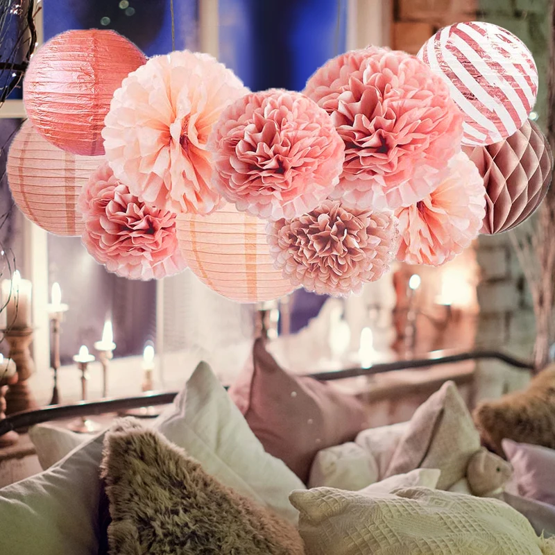 

11pcs/Set Paper Flower Lantern Ball Paper Pom Poms Honeycomb Hanging Lanterns DIY Wedding Birthday Baby Shows Xmas Decoration