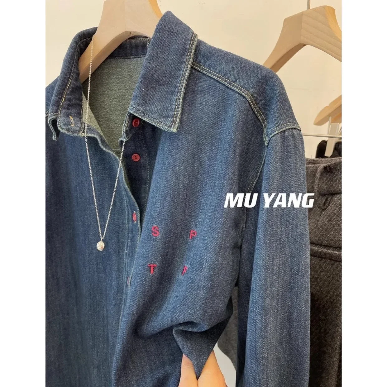 MUYANGdenim Control! Тонкий флисовый пуловер корейская красная рубашка с маленькими