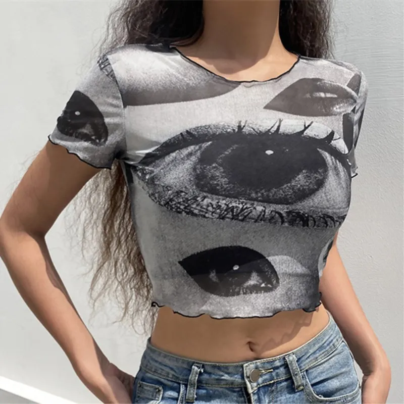 

Summer Ladies Printed Eye Pattern Short-Sleeved T-Shirt Sexy Navel Y2K Trendy Comfortable Casual Outer Wear All-Match Top Women