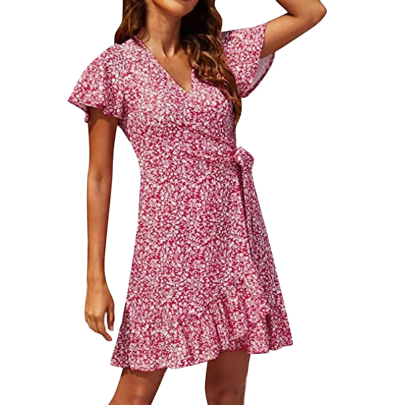 

Женское летнее платье с цветочным принтом и коротким рукавом