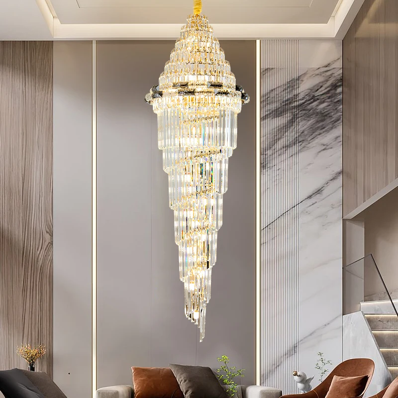 

Modern Duplex Villa Chandelier Light Luxury Living Room Crystal Light In The Middle Of The Building Rotating Stairwell Long Lamp