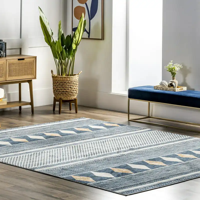 

Faded Geometric Banded Area Rug, 8' x 10', Blue