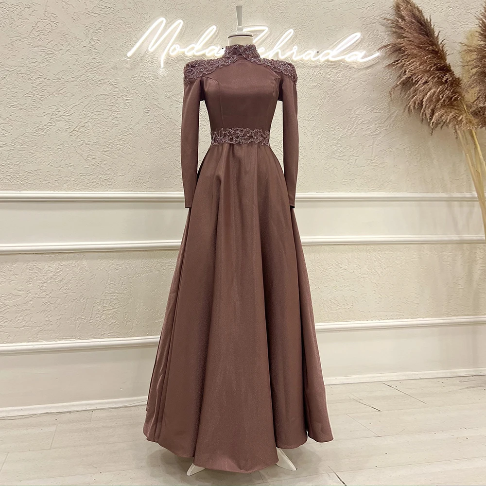 

Formal High Neck Evening Dresses For Women Full Sleeves Crystal Zipper Party Gowns Chiffon A-Line Floor Length Robes De Soirée