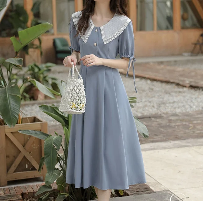 

Niggeey Elegant Chiffon Midi Dress Retro Blue Puff Sleeve Casual Women's Summer Dresses Vintage Lace Up Fairy Dress Vestidos
