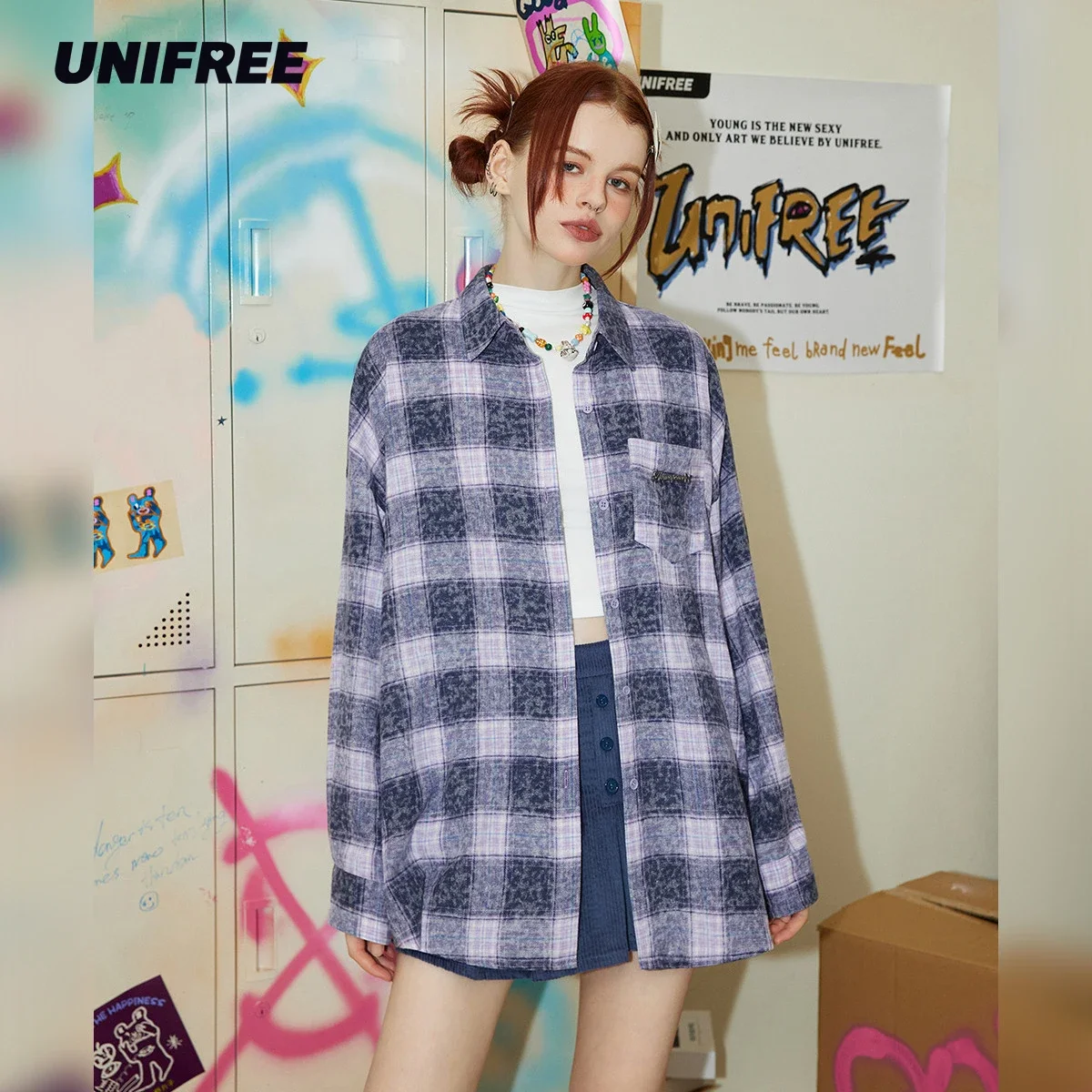 

UNIFREE Purple Lattice Shirt for Women Loose Casuals Blouses for Woman Long Sleeve Hip Hop Streetwear Woman Versatile Coat
