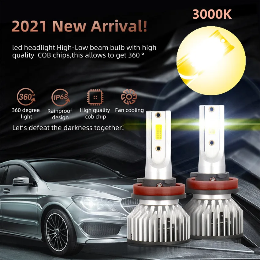 

H11 Car Bulb 9005 HB3 H7 Led Headlight 50W 10000LM H4 Hi Low Led Bulb 3000K Yellow Light Car LED Light 9006 Fog Lamp F2A