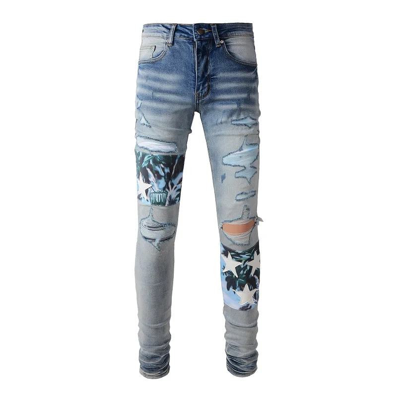 

AM Distressed Light Indigo Printed Patches Skinny Stretch Streetwear Style Leather Stars Leather Stars Patchwork Ripped Jeans