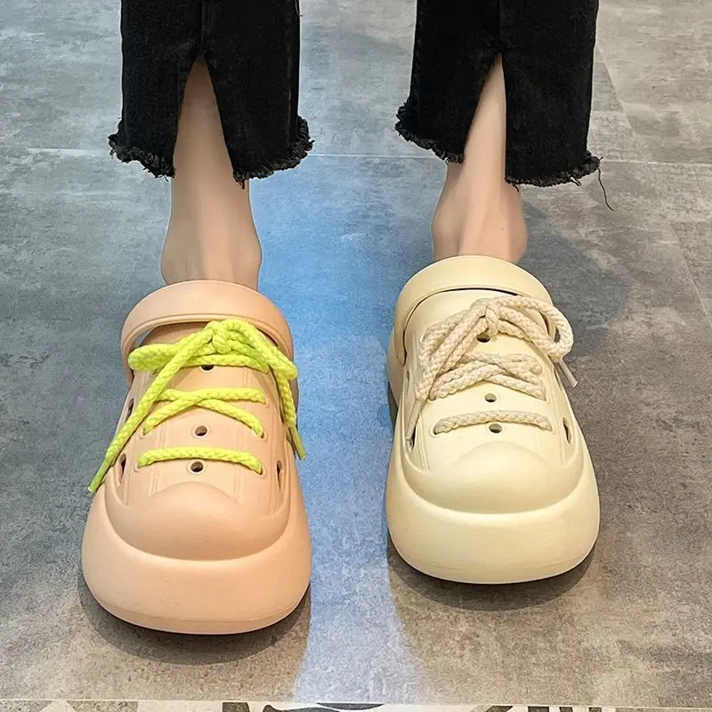 5 cm Elevator Shoes Garden Clogs Women Summer Lace Up Slipper Clogs Woman On The Platform Mules Girls Gothic Slippers String