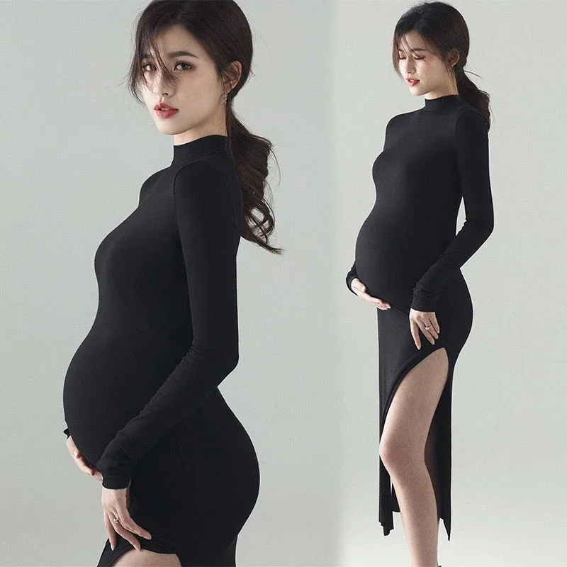 

New Black Sexy Maternity Dresses Photography Props Split Side Long Pregnancy Clothes Photo Shoot for Pregnant Women Dress 2021