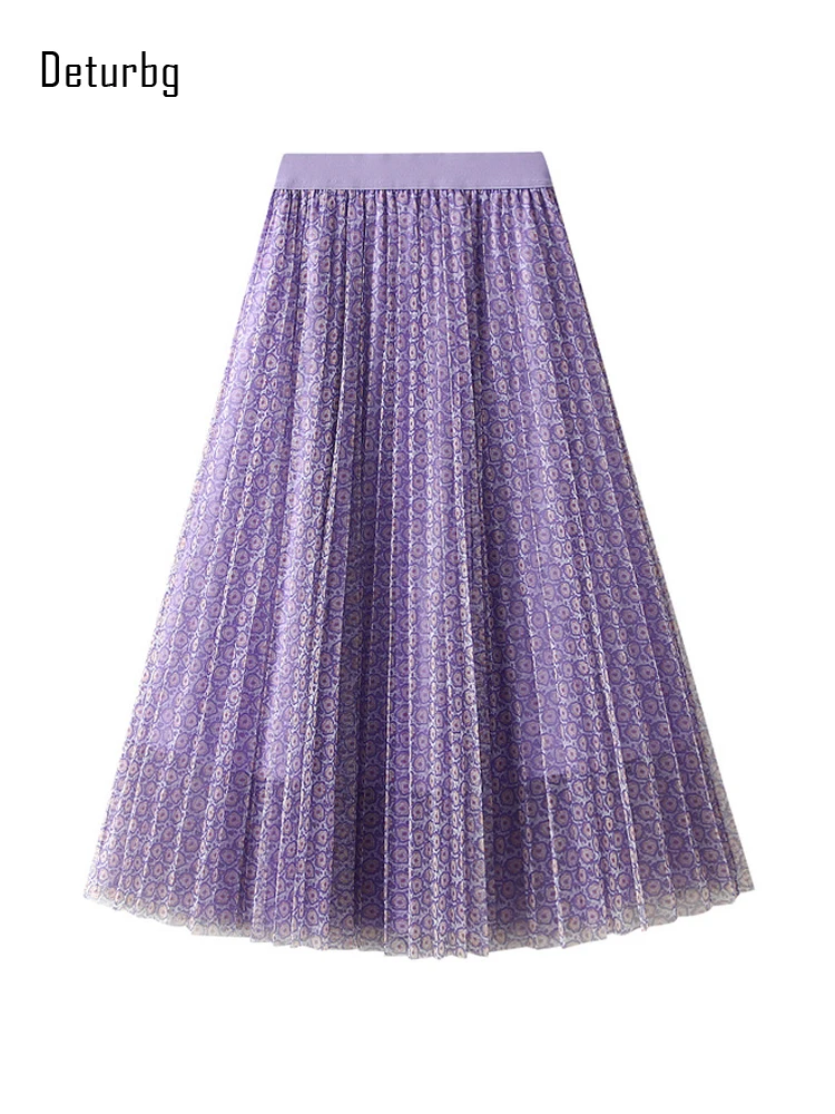 

Womens Elegant Ditsy Floral Tulle Skirts Korean Fashion Female High Waist 3 Layer Mesh Purple Pleated Long Skirt 2022 Spring K60