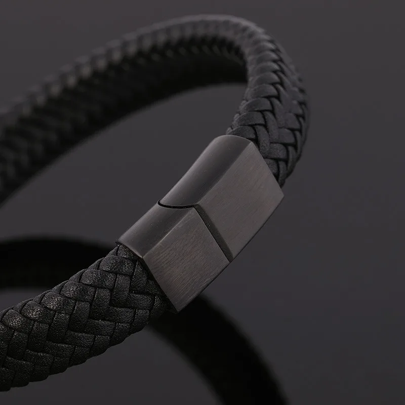 Простой мужской плетеный кожаный браслет из нержавеющей стали с магнитной