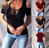 fashionable sexy off the shoulder eyelet wear rope short sleeved womens top spring and summer casual all match commuter t shirt
