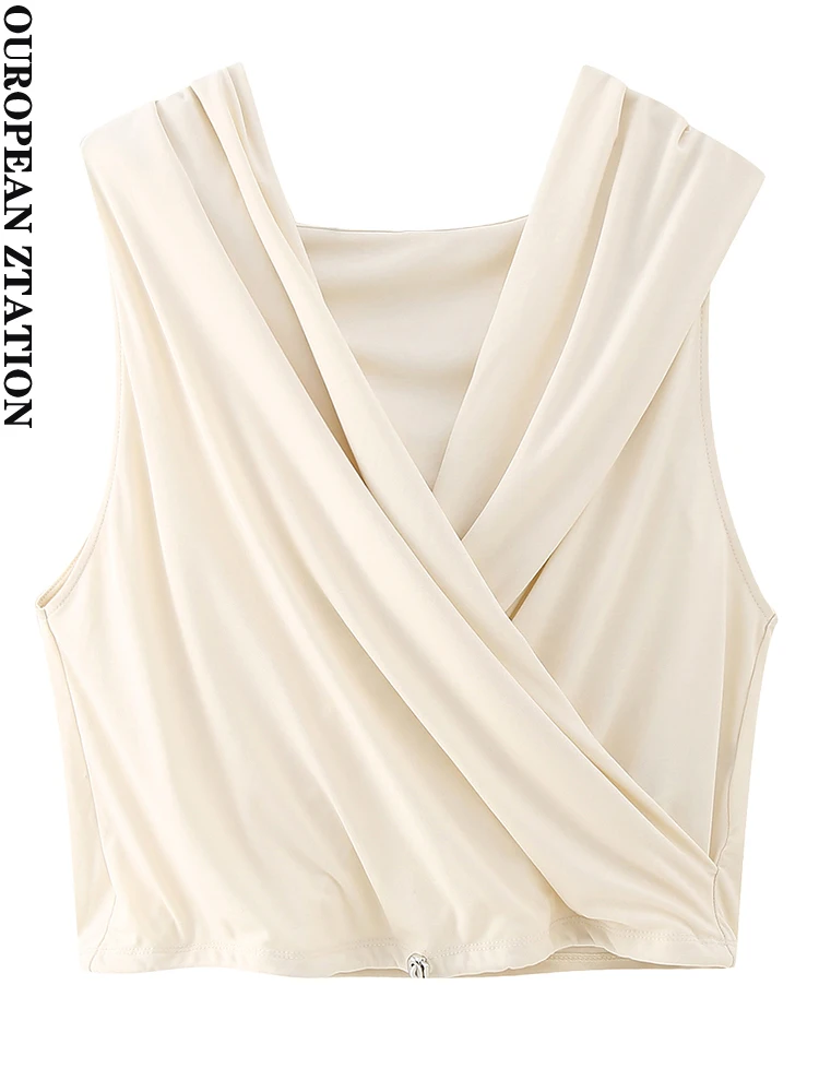 

PAILETE Women 2023 fashion with hooded pleated crop blouses vintage sleeveless adjustable hem female shirts blusas chic tops