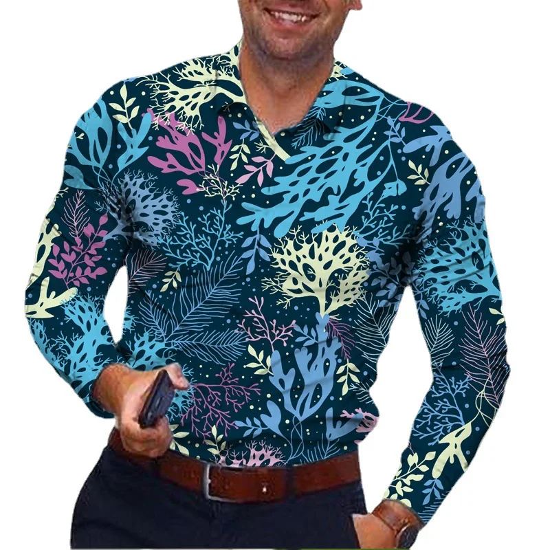 Рубашка мужская с цифровым принтом, Повседневная блуза с воротником на пуговицах, деловой облегающий кардиган, брендовая блуза для выпускного вечера