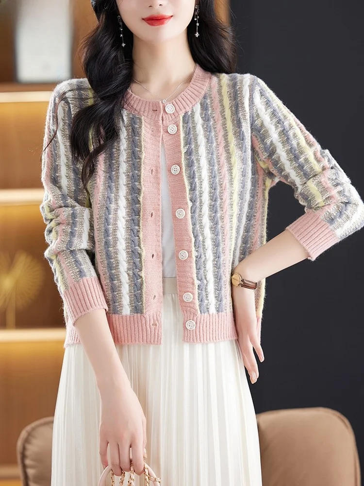 Hengyuanxiang флисовый кардиган женский короткий полосатый свитер верхняя одежда 2024